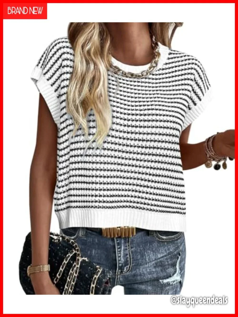 Cotton Cap Sleeve Striped Knit Pullover Sweater Top